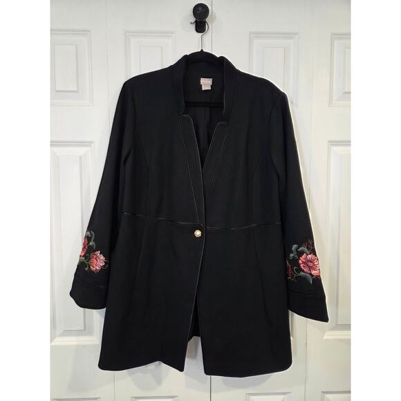 CHICO’S Black Floral Embroidered Ponte Long Jacket Coat Top Size 3 US 16/18 - Picture 1 of 7